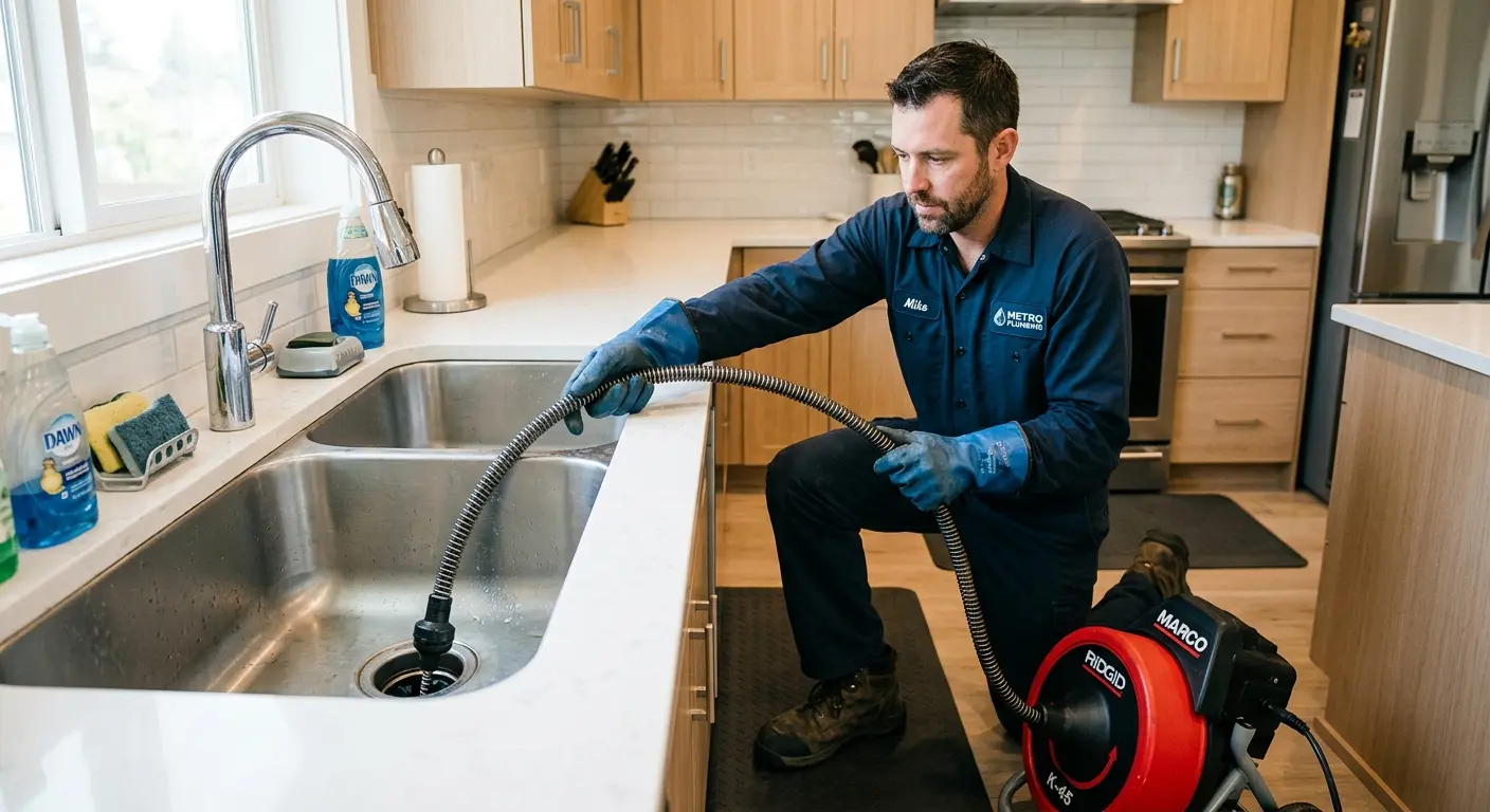 Drain cleaning technician using a motorized snake on a kitchen sink in Schriever