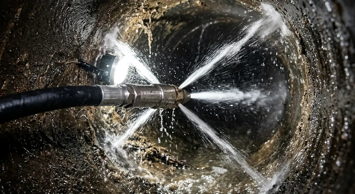 High-pressure hydro jetting nozzle cleaning sewer pipe for Emergency Drain Service in Schriever