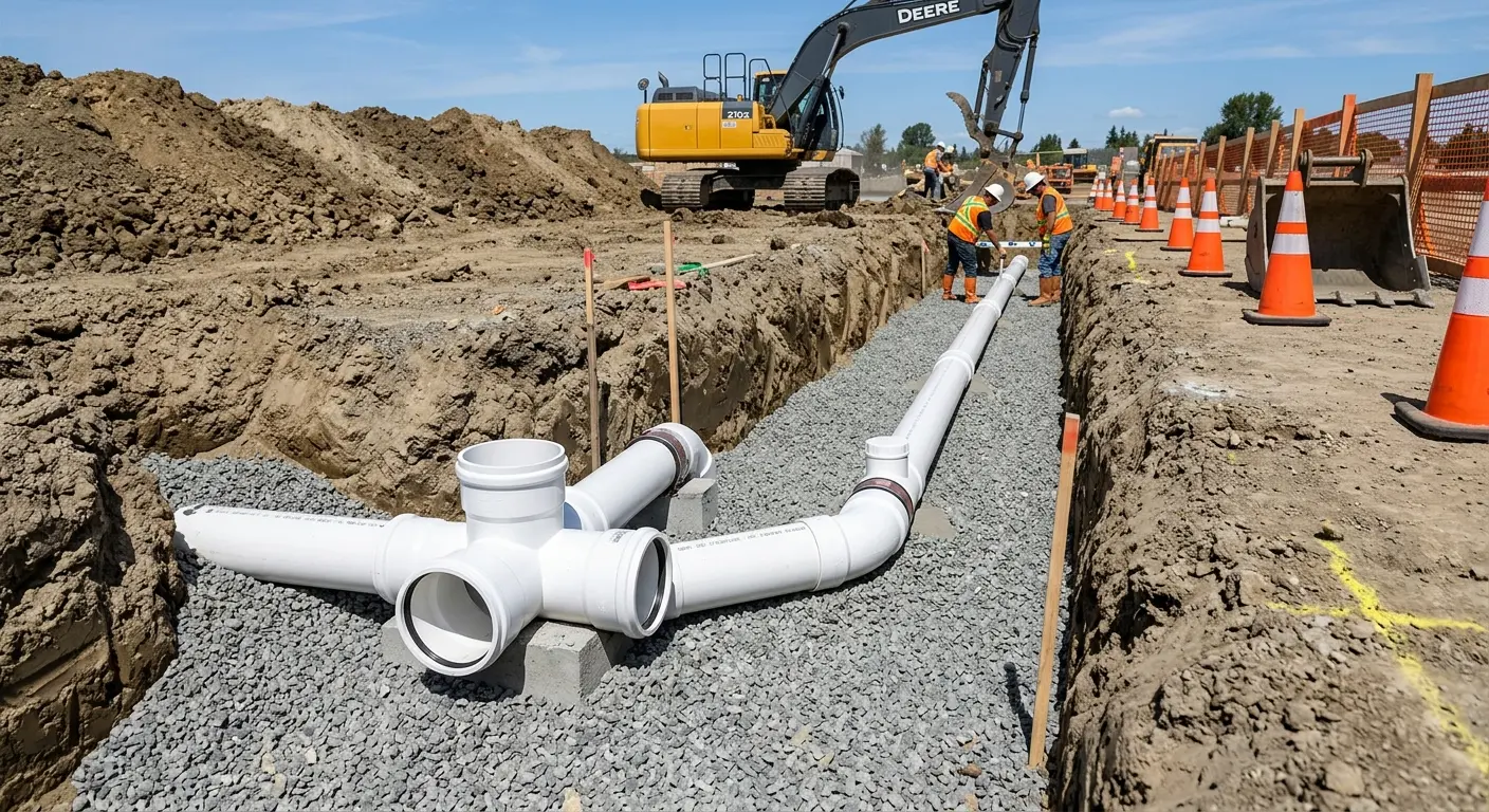 New PVC sewer pipe installation in open trench for Sewer Backup in Schriever
